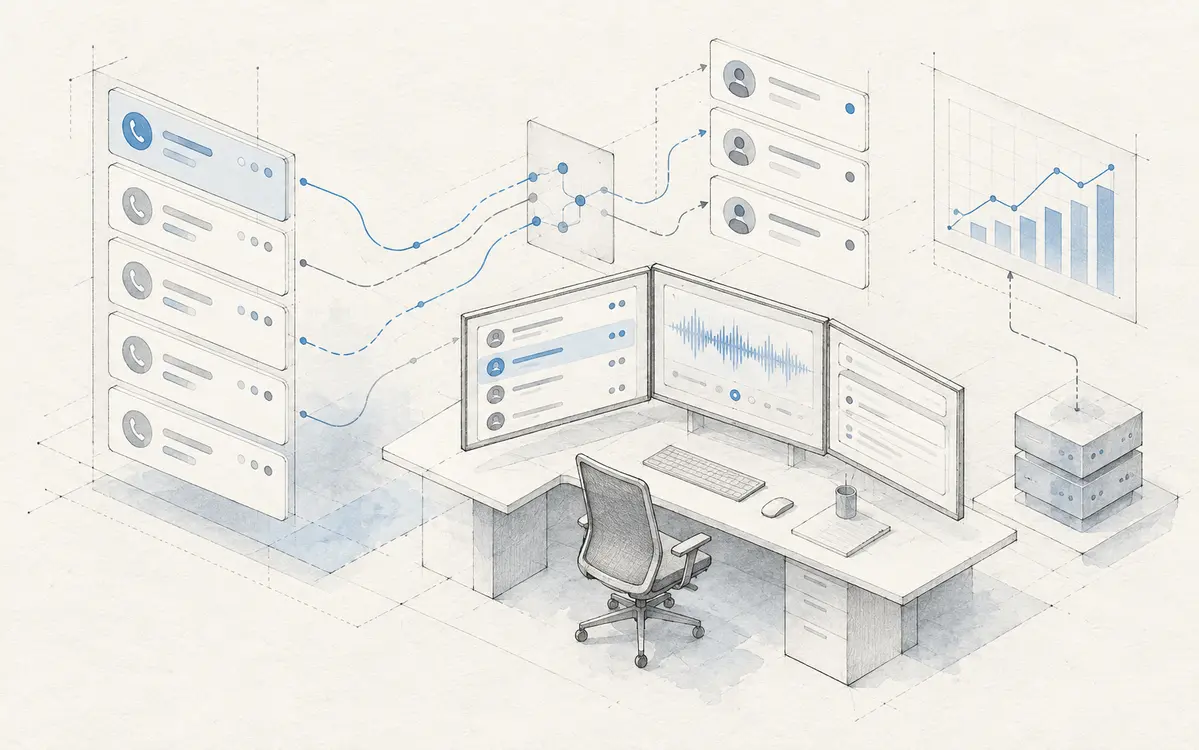 Conceptual sketch of a call queue, operator workspace and routing dashboard
