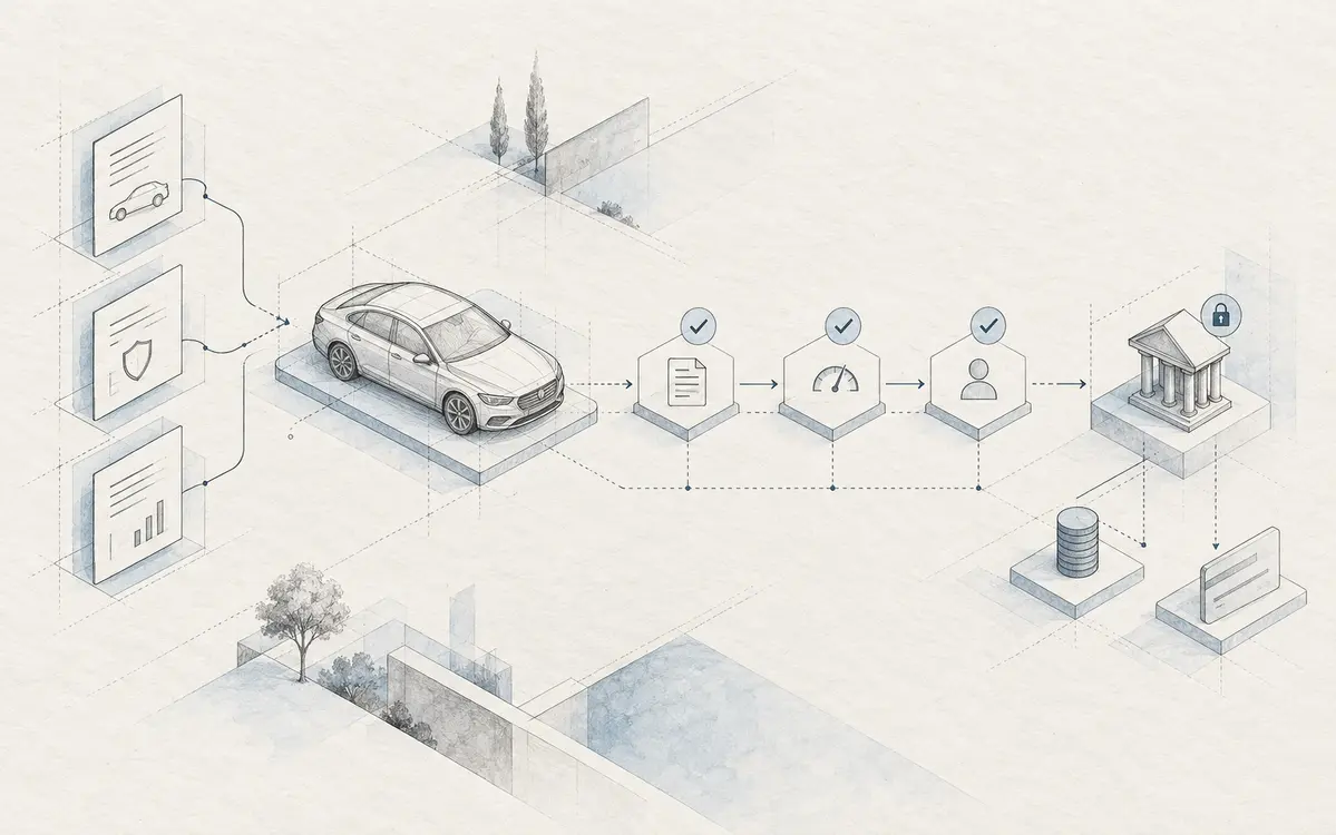 Conceptual sketch of vehicle finance checkpoints and document review
